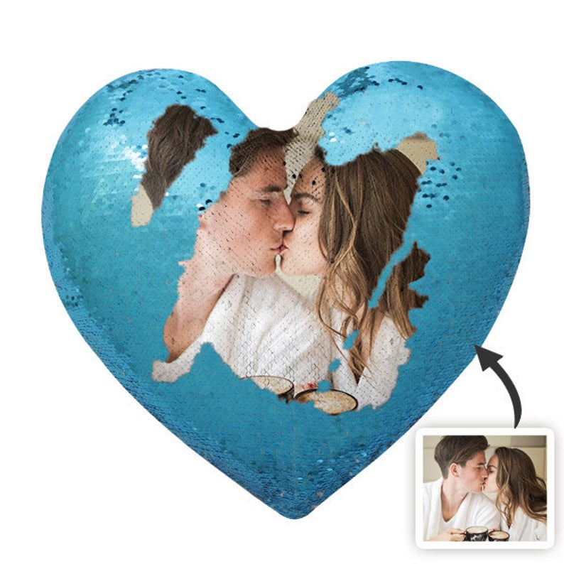 Custom Photo Pillow Reversible Flip Sequin Heart Shaped Photo Pillow