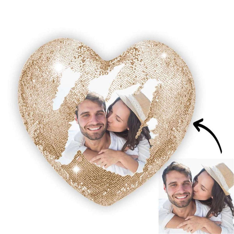 Custom Photo Pillow Reversible Flip Sequin Heart Shaped Photo Pillow