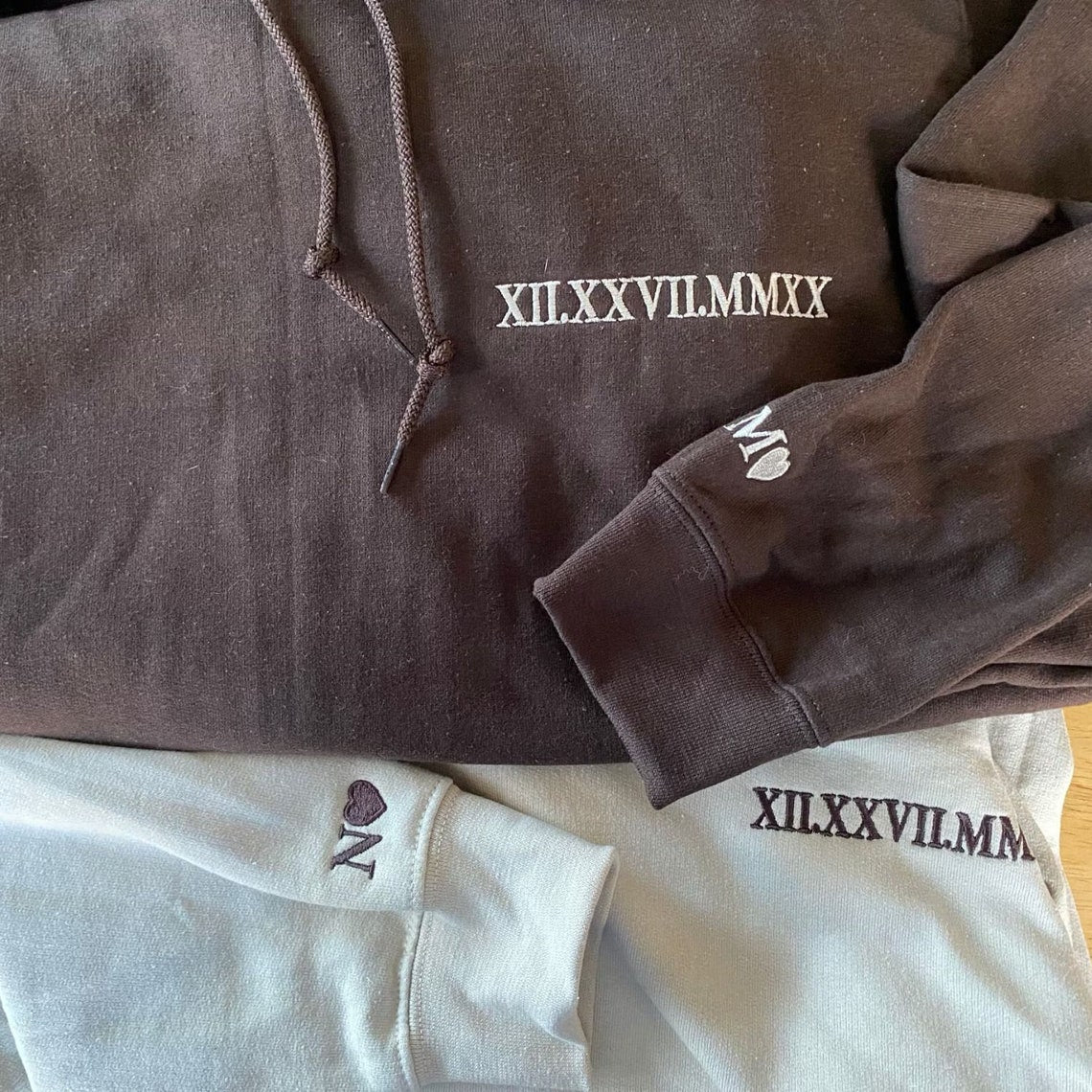 Custom Embroidered Roman Numeral Sweatshirt with Initial on Sleeve Gift for Couple & Anniversary