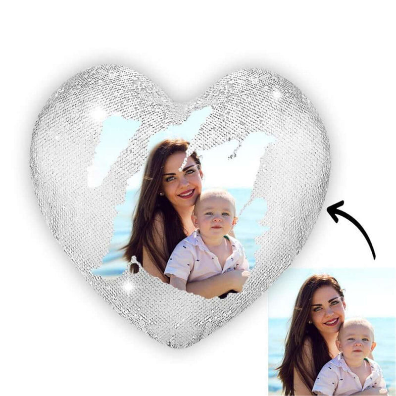 Custom Photo Pillow Reversible Flip Sequin Heart Shaped Photo Pillow