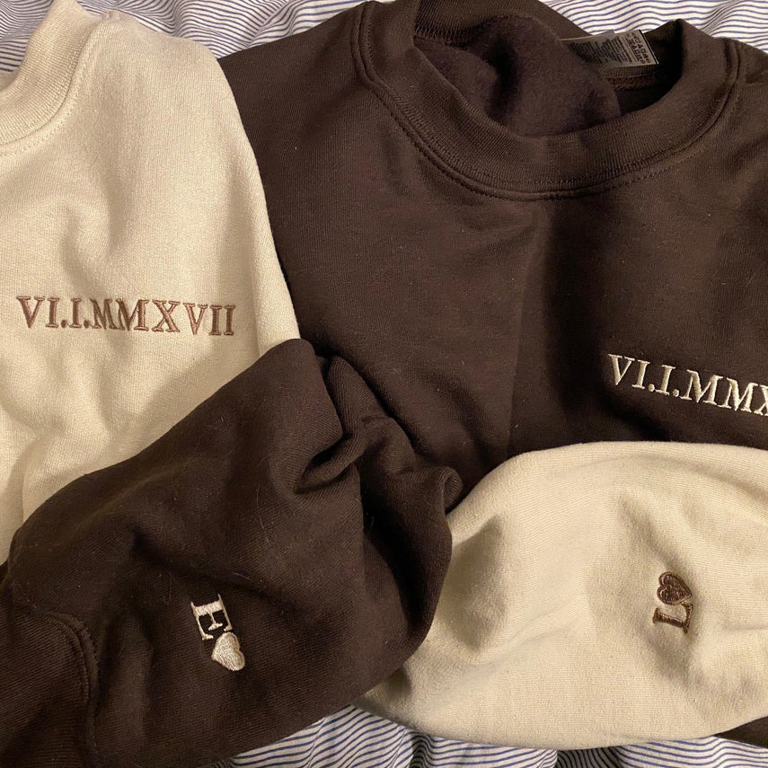 Custom Embroidered Roman Numeral Sweatshirt with Initial on Sleeve Gift for Couple & Anniversary