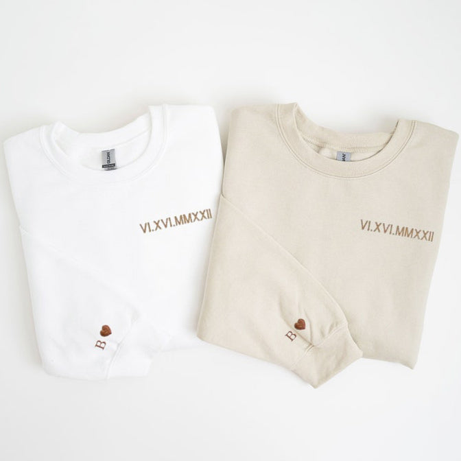 Custom Embroidered Roman Numeral Sweatshirt with Initial on Sleeve Gift for Couple & Anniversary