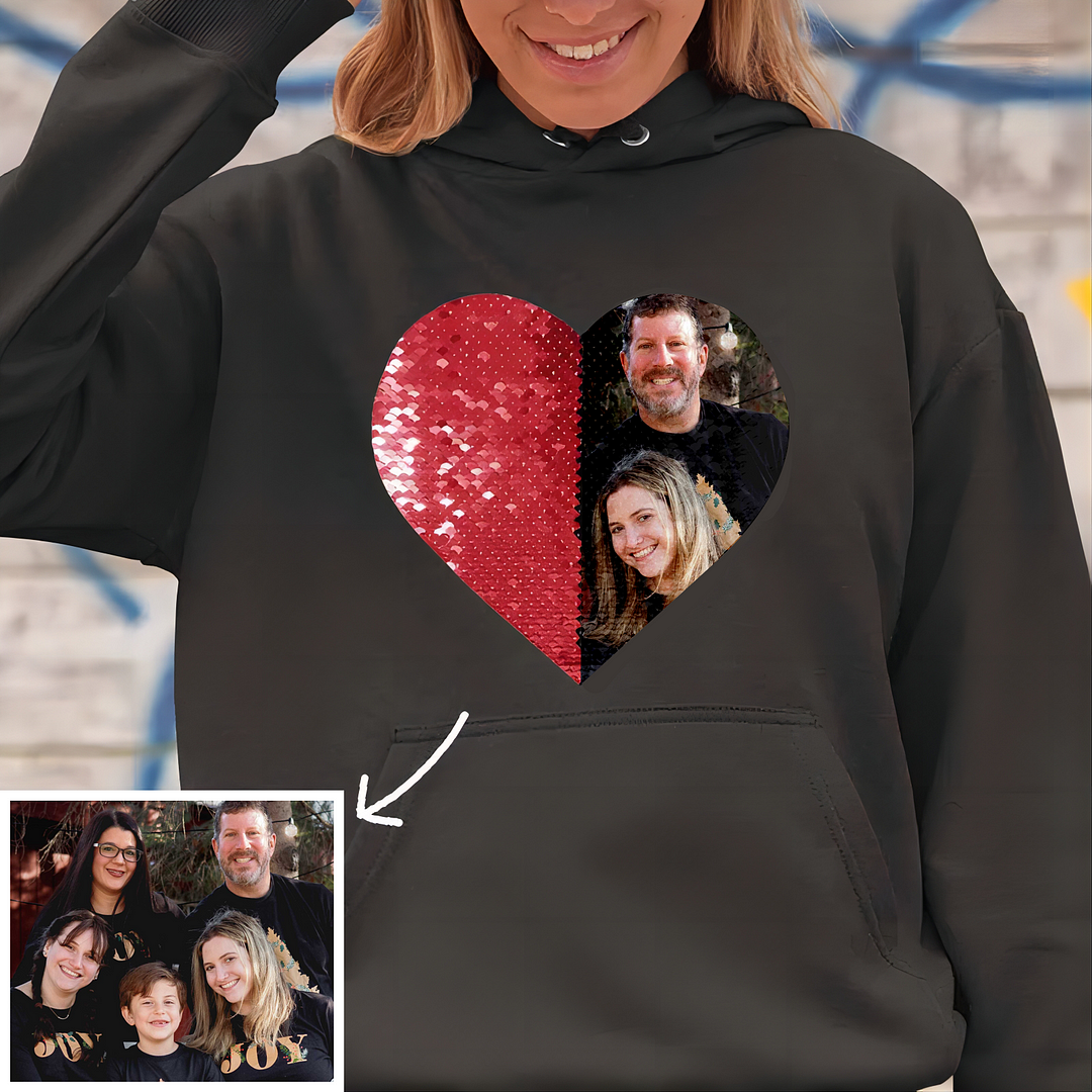 Custom Sequin Sweatshirt Personalized Flip Sequin Heart Photo Sweatshirt Gift for Couple & Family