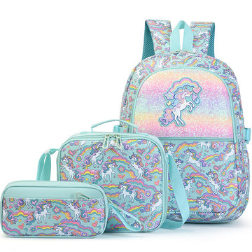 3pcs/set Glitter Prints Backpack Rainbow Unicorn Bookbag Lunch Bag