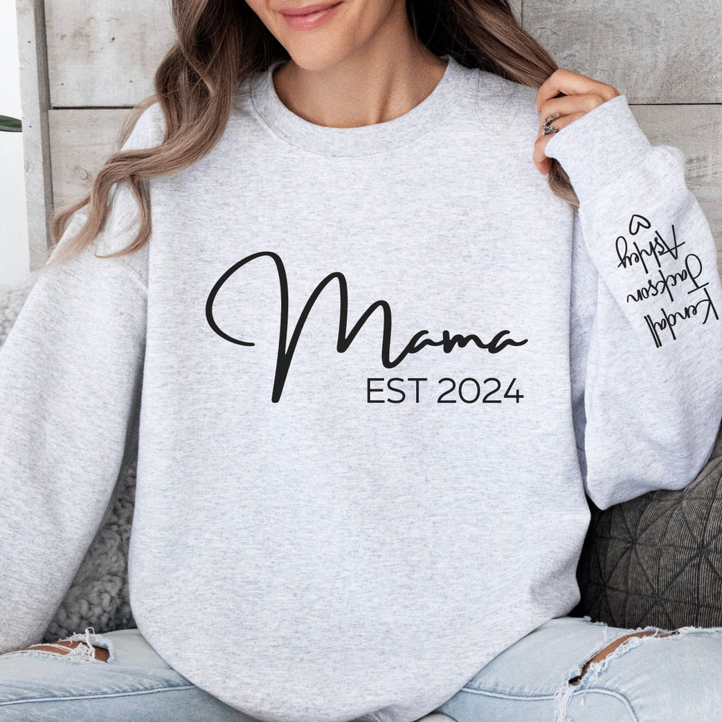 Personalized Mama Sweatshirt with Kids Name on Sleeve Unique Mom Est Gift for Mother's Day