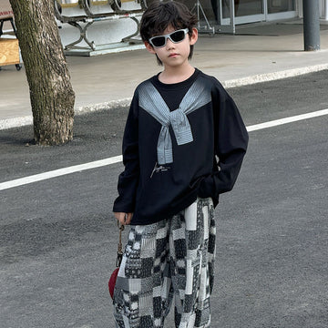 Kids Faux Layered Graphic Sweatshirt Oversized Black Streetwear Pullover