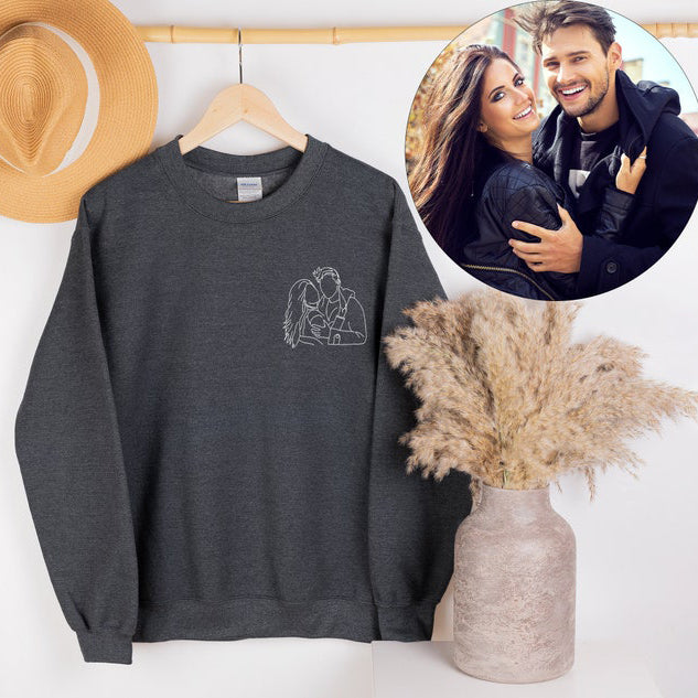 Custom Couple Sweatshirt Embroidered Couple Portrait Outline from Photo Sweatshirt