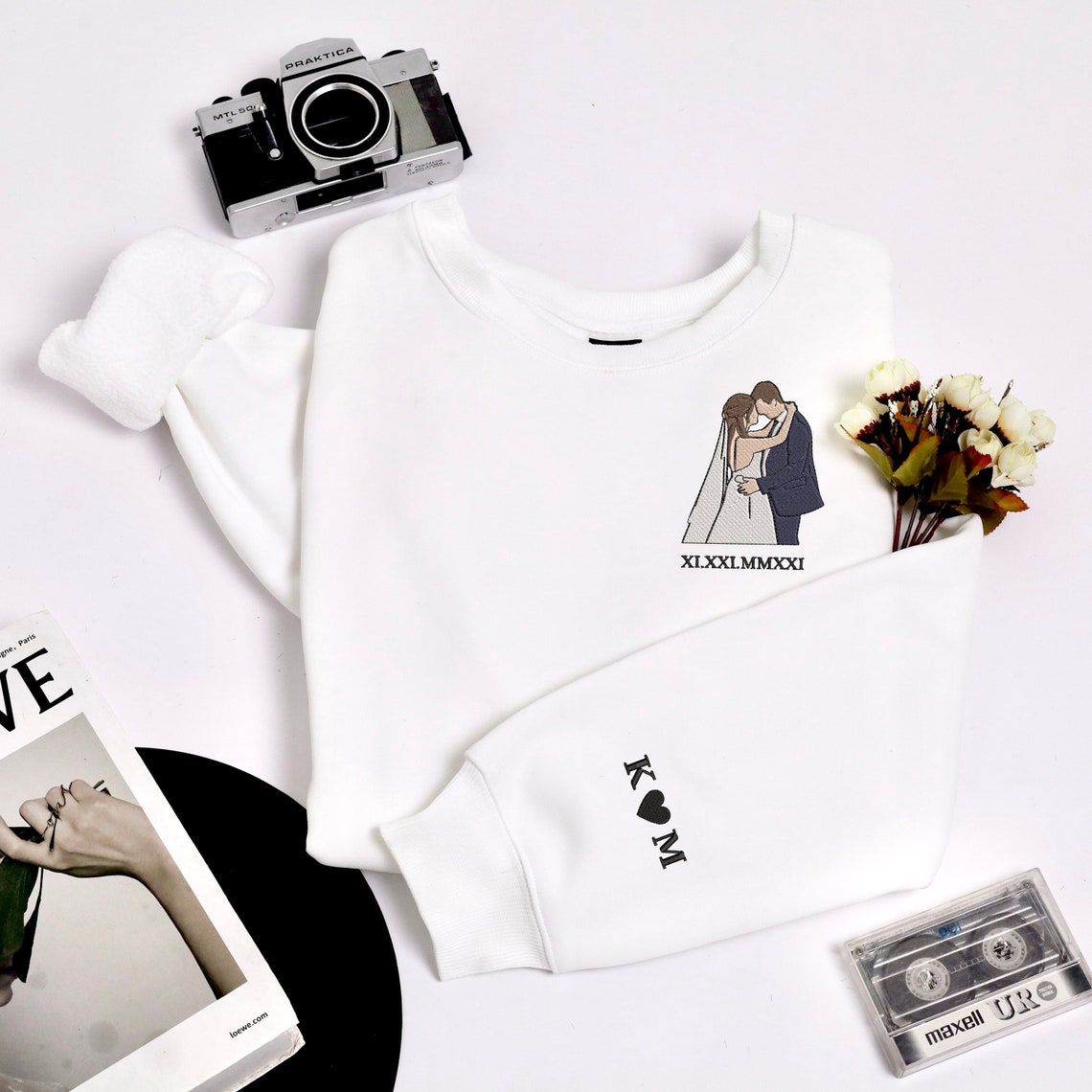 Embroidered Couple Portrait Sweatshirt Personalized Couple Photo with Roman Numerals Sweatshirt Gift for Anniversary