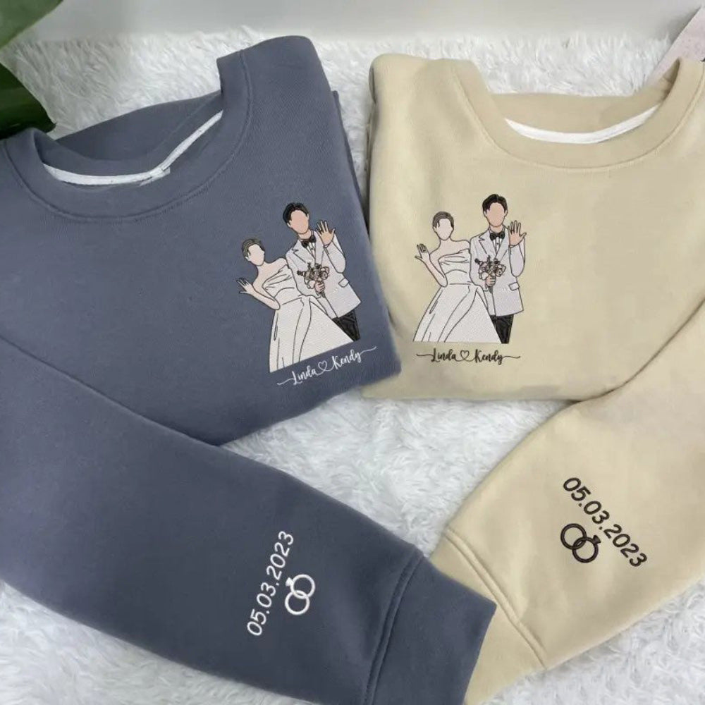 Personalized Couple Sweatshirt Embroidered Portrait Photo Sweatshirt Unique Gift for Wedding & Anniversary