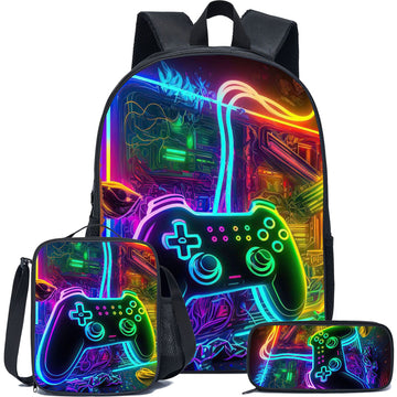 3Pcs Cartoon Gaming Printed Backpack School Bookbag with Lunch Bag & Pencil Case