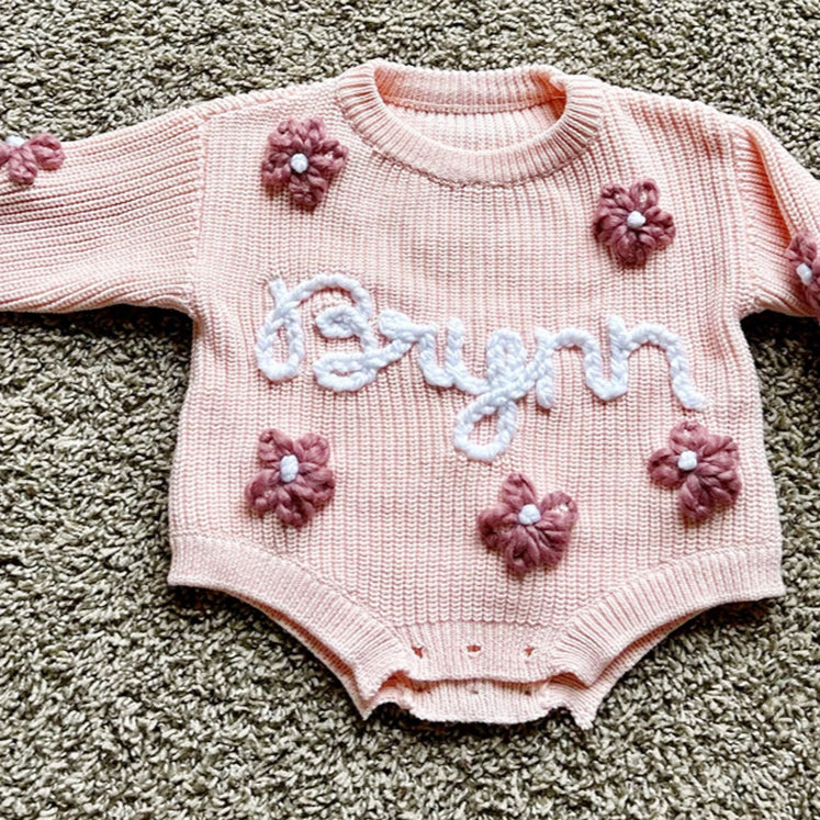 Custom Baby Knit Bodysuit Personalized Hand Embroidered Name Baby Romper