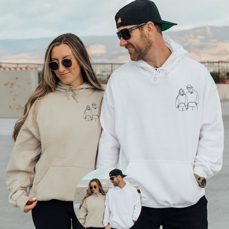 Custom Couple Hoodie Embroidered Couple Outline Portrait from Photo Hoodie Unique Gift for Couple