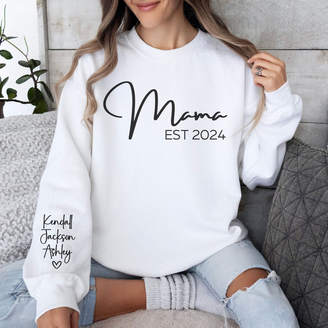 Personalized Mama Sweatshirt with Kids Name on Sleeve Unique Mom Est Gift for Mother's Day