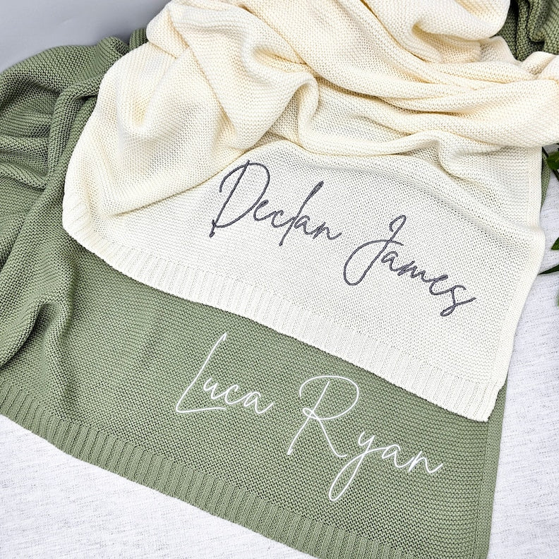 Knit Baby Blanket Breathable Embroidered Newborn Baby Name Stroller Blanket