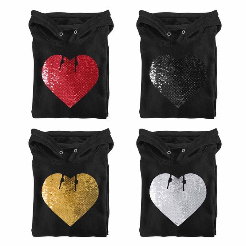 Custom Sequin Hoodie Personalized Flip Sequin Heart Photo & Text Pullover Gift for Couple & Family