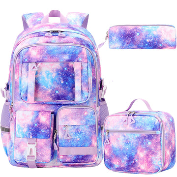 3 Pcs/set Galaxy Printing Backpack Teens Large Capacity School Bookbag with Lunch Bag & Pencil Case