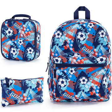 Cartoon Soccer Backpack 3pc Set for Kids School Bookbag with Lunch Bag Pencil Case