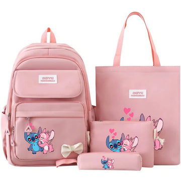 4 Pcs/set Cartoon Stitch Backpack For School Multi-pocket Bookbag with Lunch Bag, Shoulder Bag & Pencil Bag