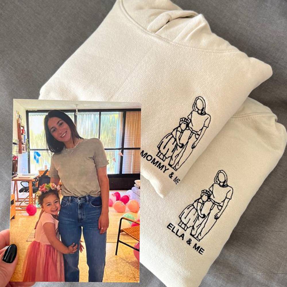 Custom Embroidery Family Hoodie Couple Portrait Outline from Photo Hoodie Unique Gift for Family