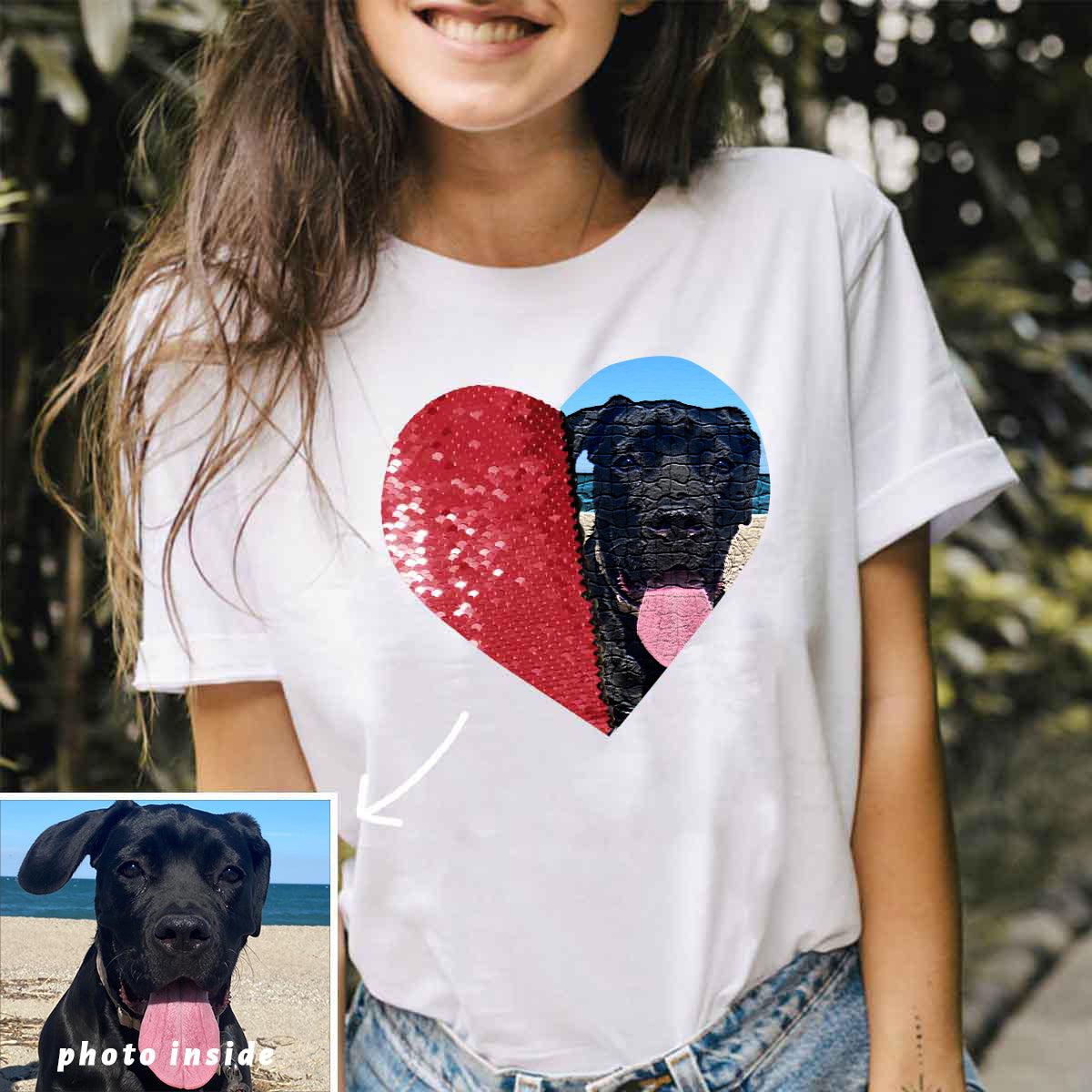 Personalized Flip Sequin Heart-Shaped Pet Photo T-Shirt Unique Gift for Pet Lovers