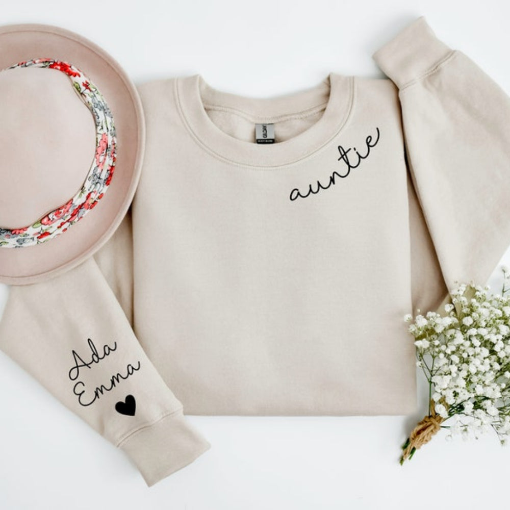 Personalized Auntie Sweatshirt Custom Neckline Auntie with Niece and Nephew Names Sweatshirt Personalized Gift For Aunt