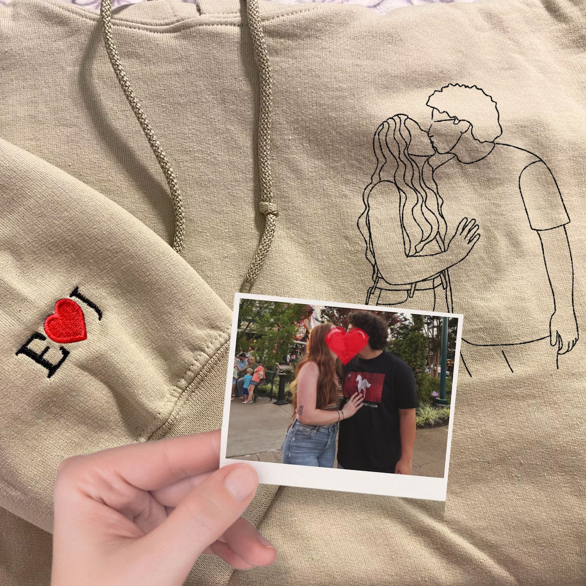 Embroidered Couple Hoodie Custom Couple Photo Portrait Hoodie Gift for Lover & Family