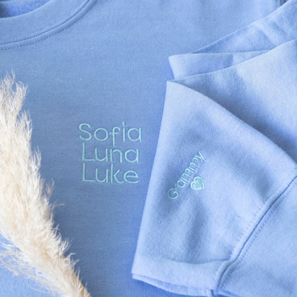 Custom Embroidered Name Sweatshirt with Text on Sleeve Personalize Birthday & Holiday Gift For Friend & Family