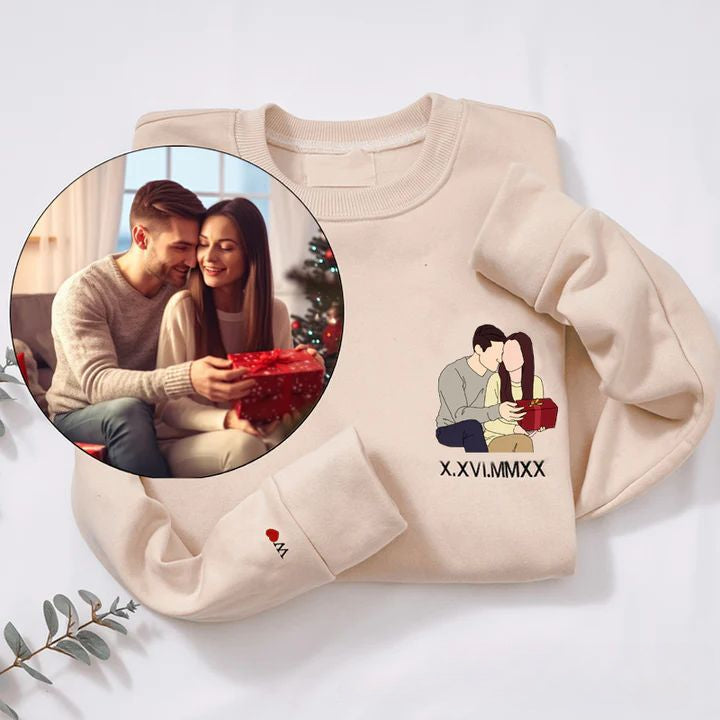 Embroidered Colored Portrait from Photo Roman Numeral Sweatshirt Gift for Couple & Lover