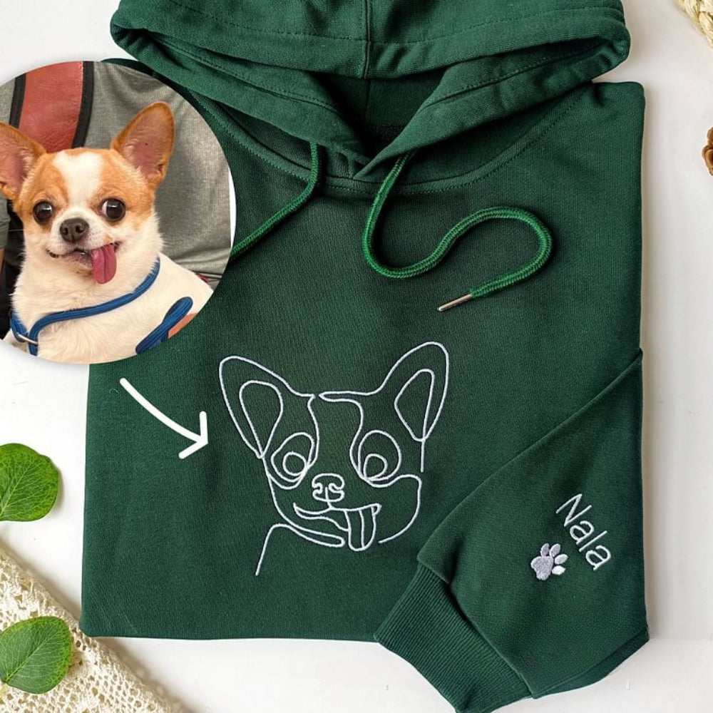 Embroidered Pet Face Outline with Name Hoodie Gift for Dog Mom & Dog Dad