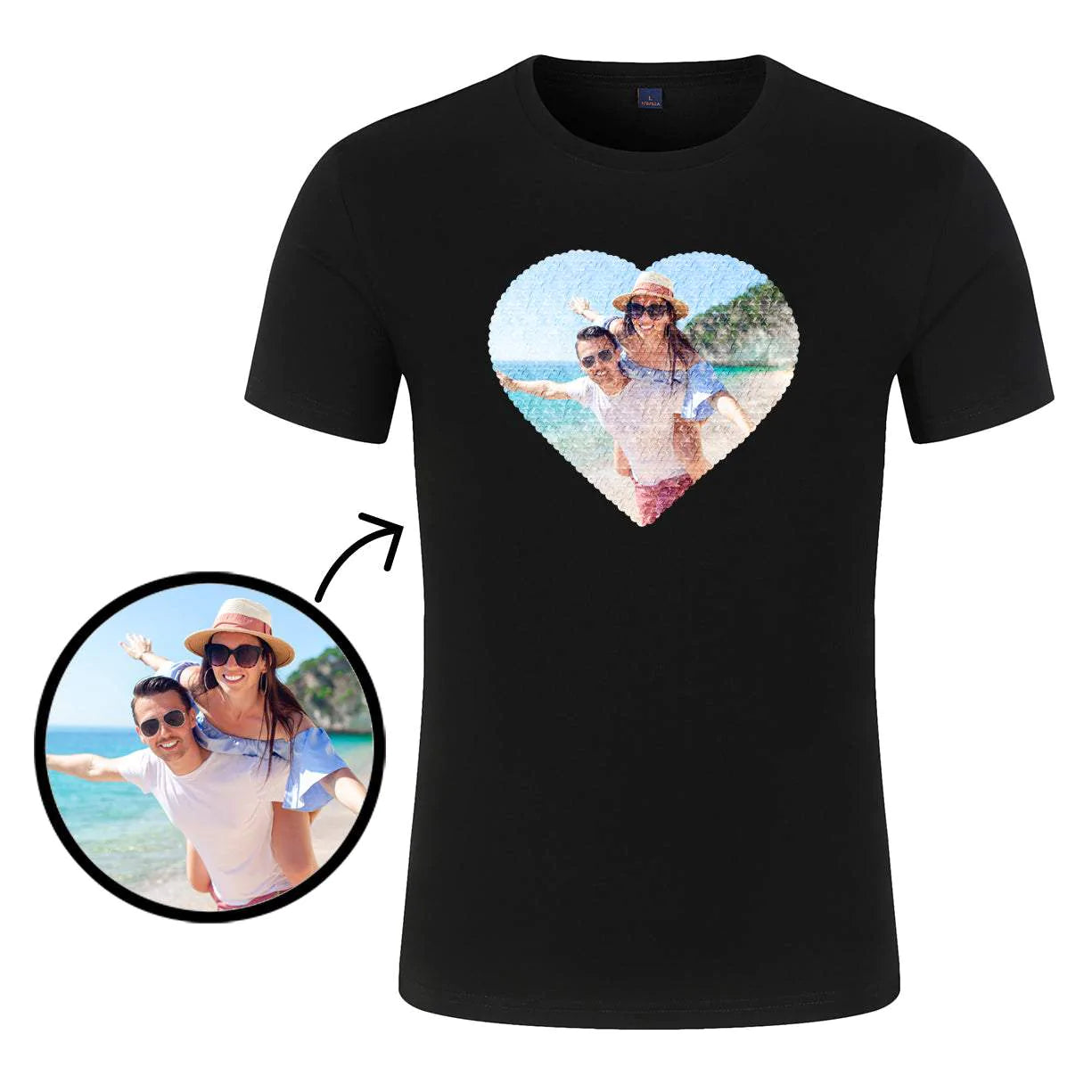 Personalized Flip Sequin Heart-Shaped with Couple Photo Shirt Unique Gift for Couple & Family