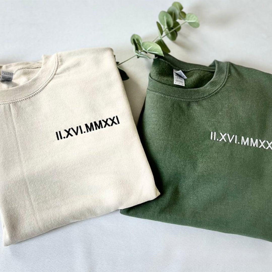 Customized Embroidered Roman Numerals Crewneck Sweatshirt Gift for Couple