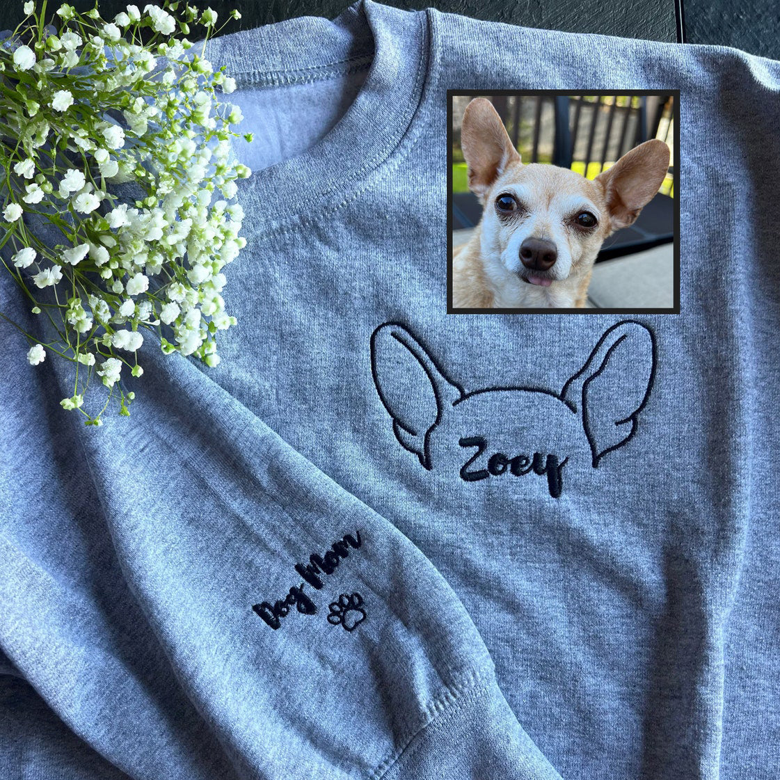 Personalized Dog Sweatshirt Custom Embroidered Dog Ear with Name Sweatshirt For Pet Lovers