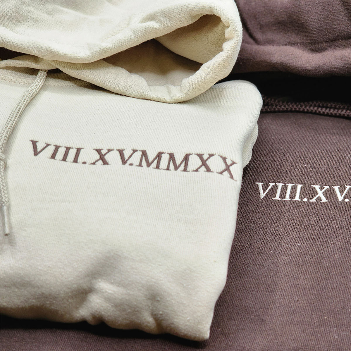 Customized Embroidered Roman Numerals with Text on Sleeve Couple Hoodie Gift for Lovers