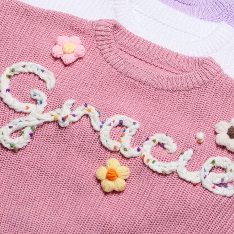 Hand Embroidered Baby Sweater Personalized Newborn Name Knit Sweater Gift