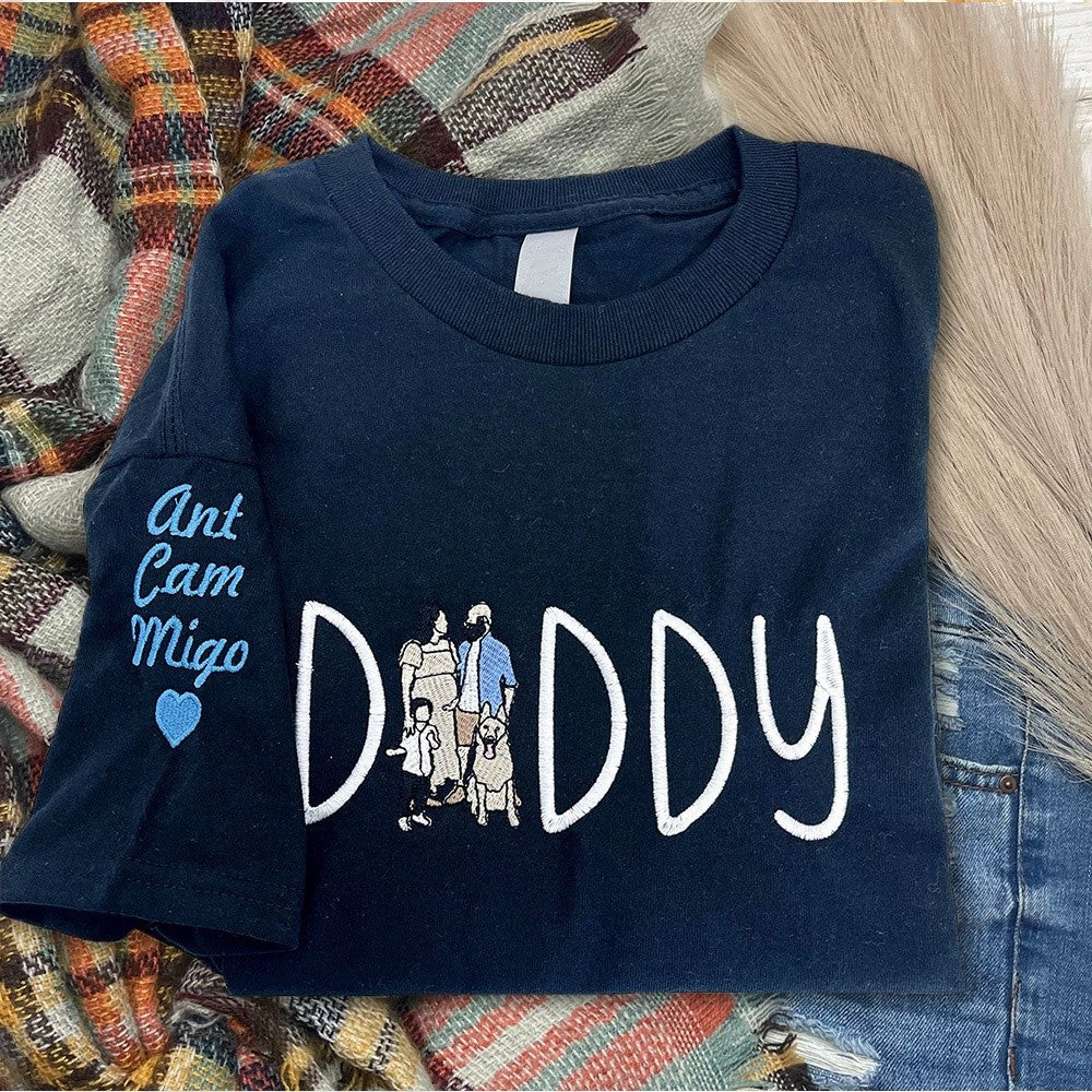 Custom Embroidered Daddy Sweatshirt Personalized Dad Photo Portraits Sweatshirt with Kids Names on Sleeve