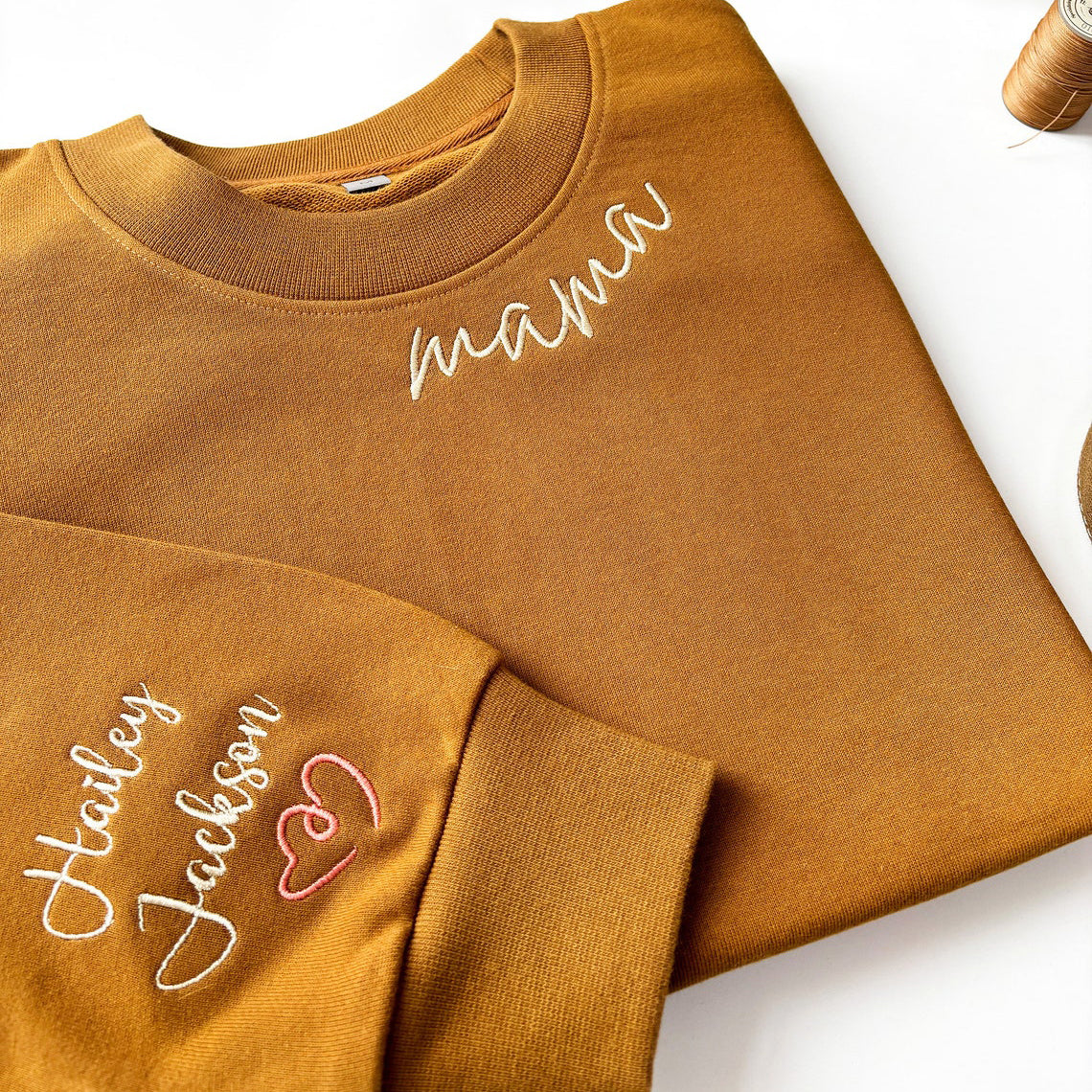 Custom Embroidered Mama Sweatshirt with Kids Names On Sleeve Best Mom Sweatshirt Gift for Friend & Family