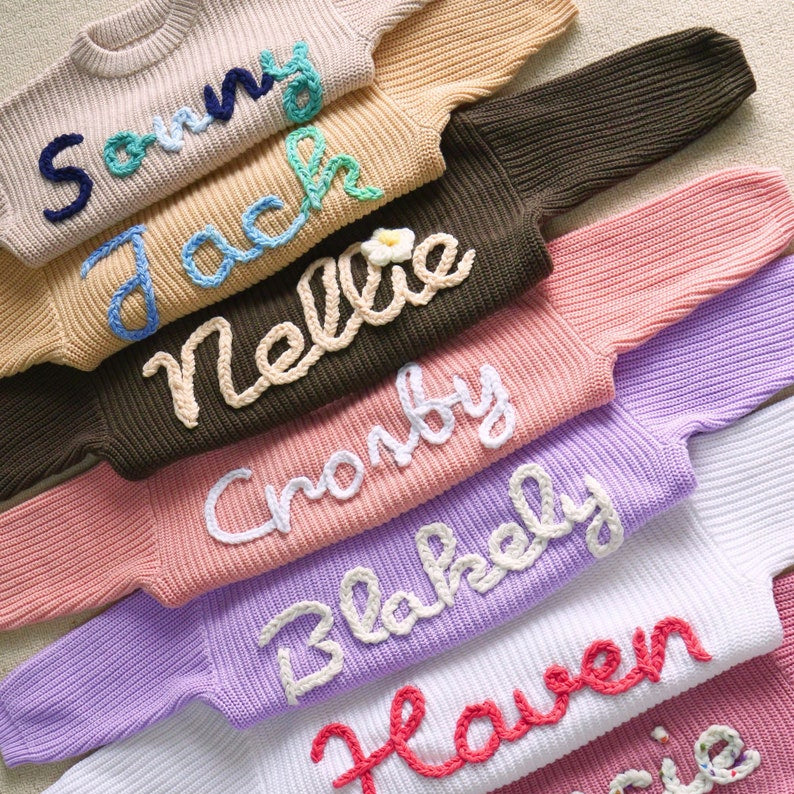Hand Embroidered Baby Sweater Personalized Newborn Name Knit Sweater Gift