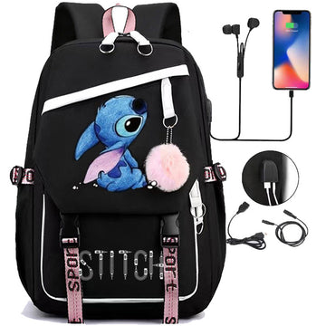 Water-resistant Stitch Backpack with USB Charging School Bookbags Travel Laptop Bag
