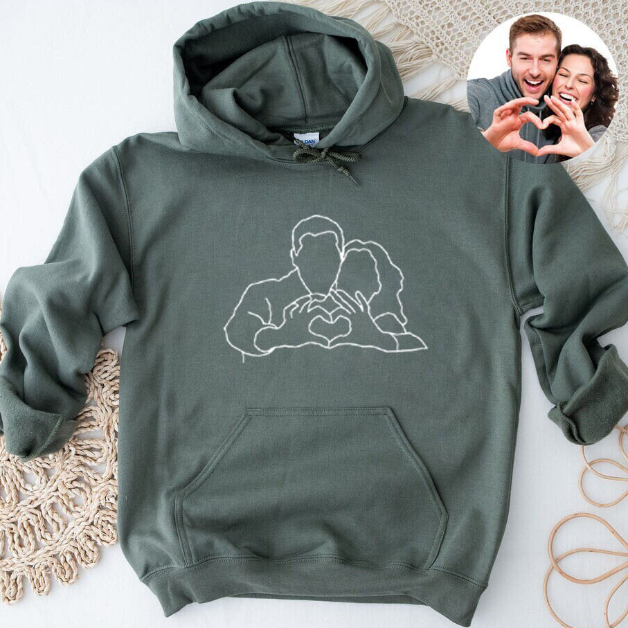 Customized Embroidered Couple Portrait Outline from Photo Hoodie Gift for Family & Lovers