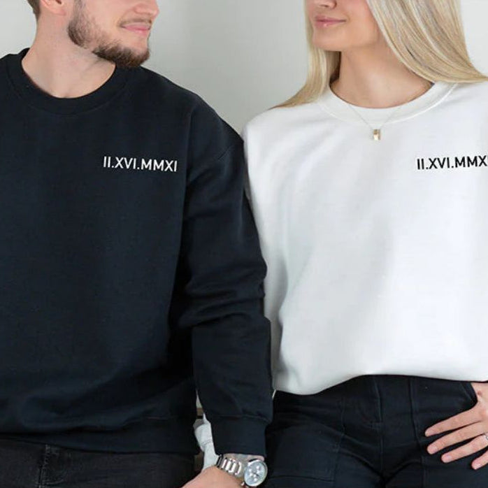 Customized Embroidered Roman Numerals Crewneck Sweatshirt Gift for Couple