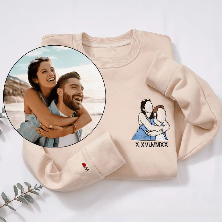 Personalized Embroidered Couple Photo Sweatshirt with Roman Numerals