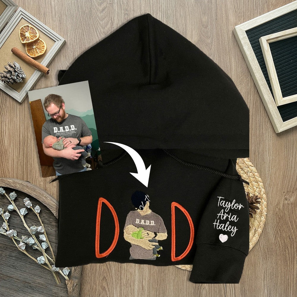 Custom Embroidered Dad Hoodie Personalized Family Photo Portraits Hoodie with Kids Names on Sleeve
