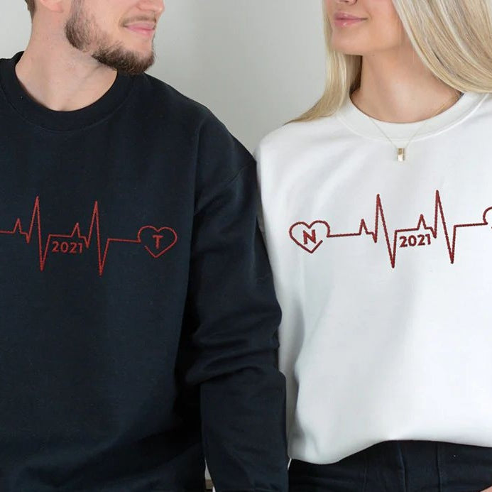 Personalized Embroidered Heartbeat Lines with Year Sweatshirt For Couple