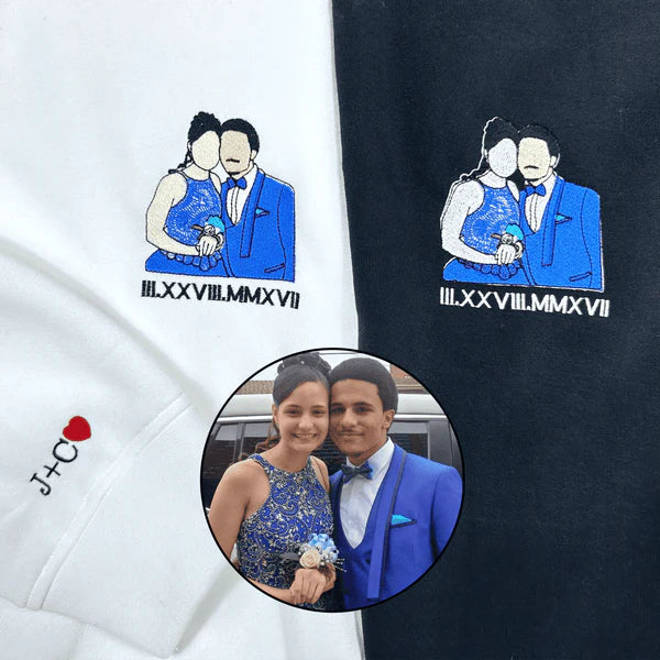 Embroidered Couple Portrait Sweatshirt Personalized Couple Photo with Roman Numerals Sweatshirt Gift for Anniversary