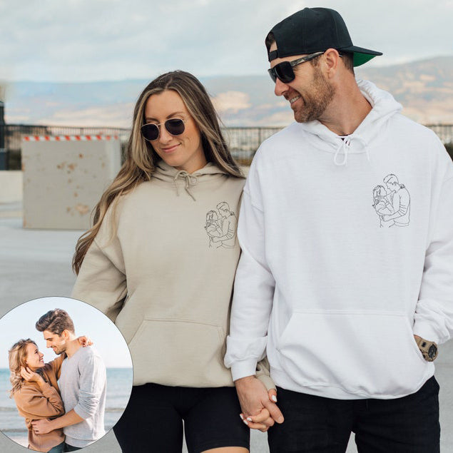 Custom Couple Hoodie Embroidered Couple Outline Portrait from Photo Hoodie Unique Gift for Couple