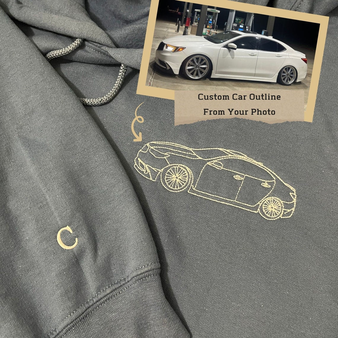 Customized Embroidered Car Hoodie Personalized Car Outline from Photo Hoodie Gift For Auto Lovers