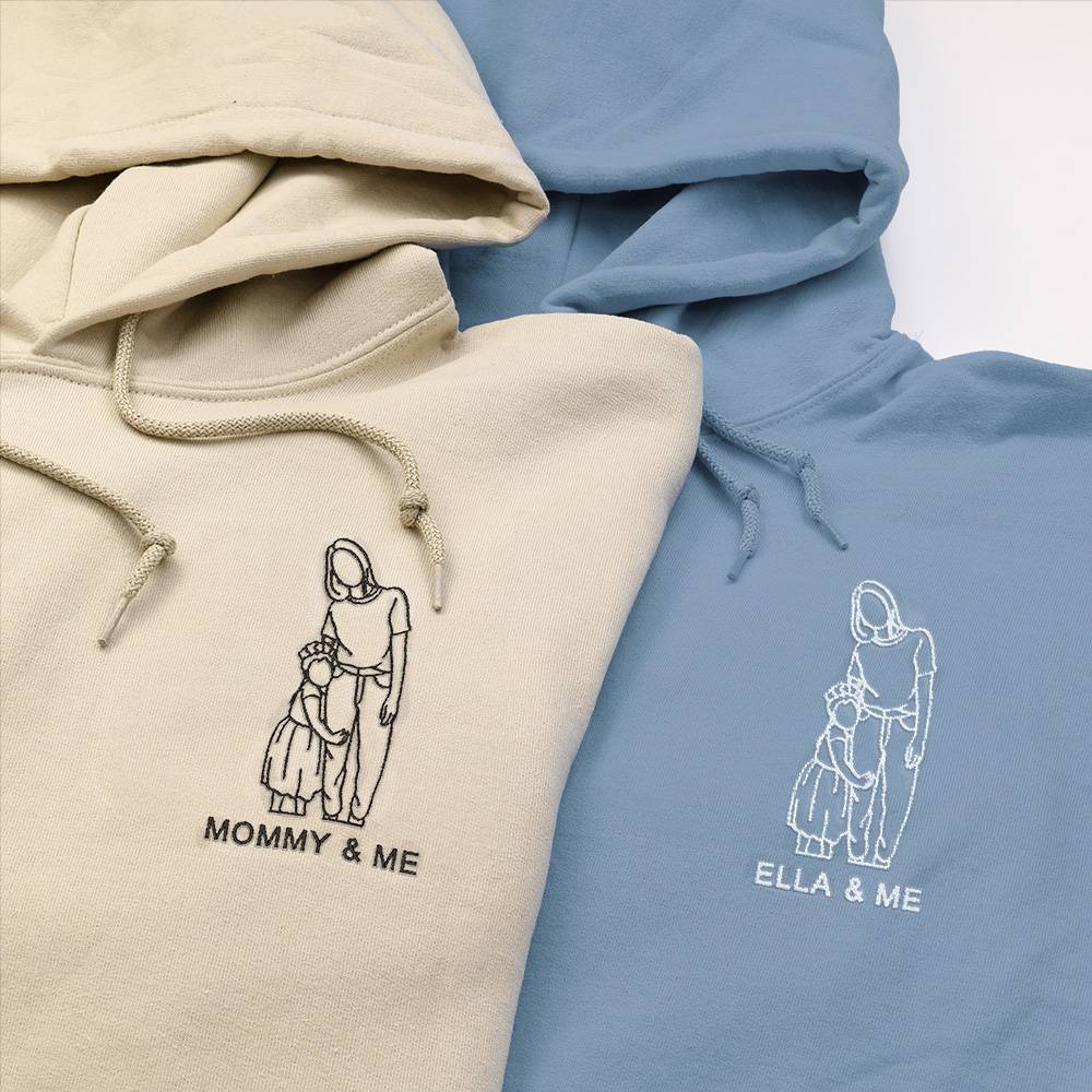Custom Embroidery Family Hoodie Couple Portrait Outline from Photo Hoodie Unique Gift for Family