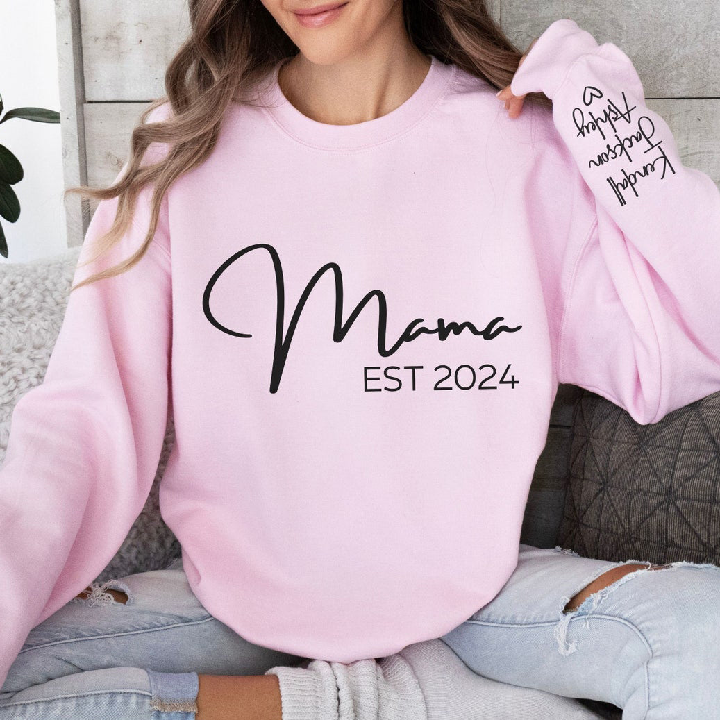 Personalized Mama Sweatshirt with Kids Name on Sleeve Unique Mom Est Gift for Mother's Day
