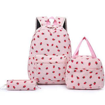 3 Pcs Girls Strawberry Printing Backpack Set with Lunch Bag & Pencil Case for Grades 3–8