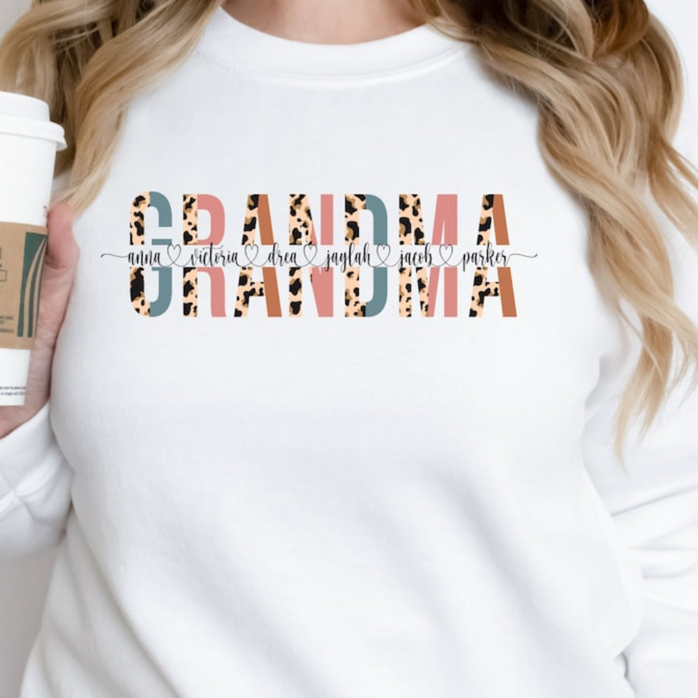 Custom Grandma Sweatshirt Personalized Leopard Nana with Kids Names Printed Sweatshirt